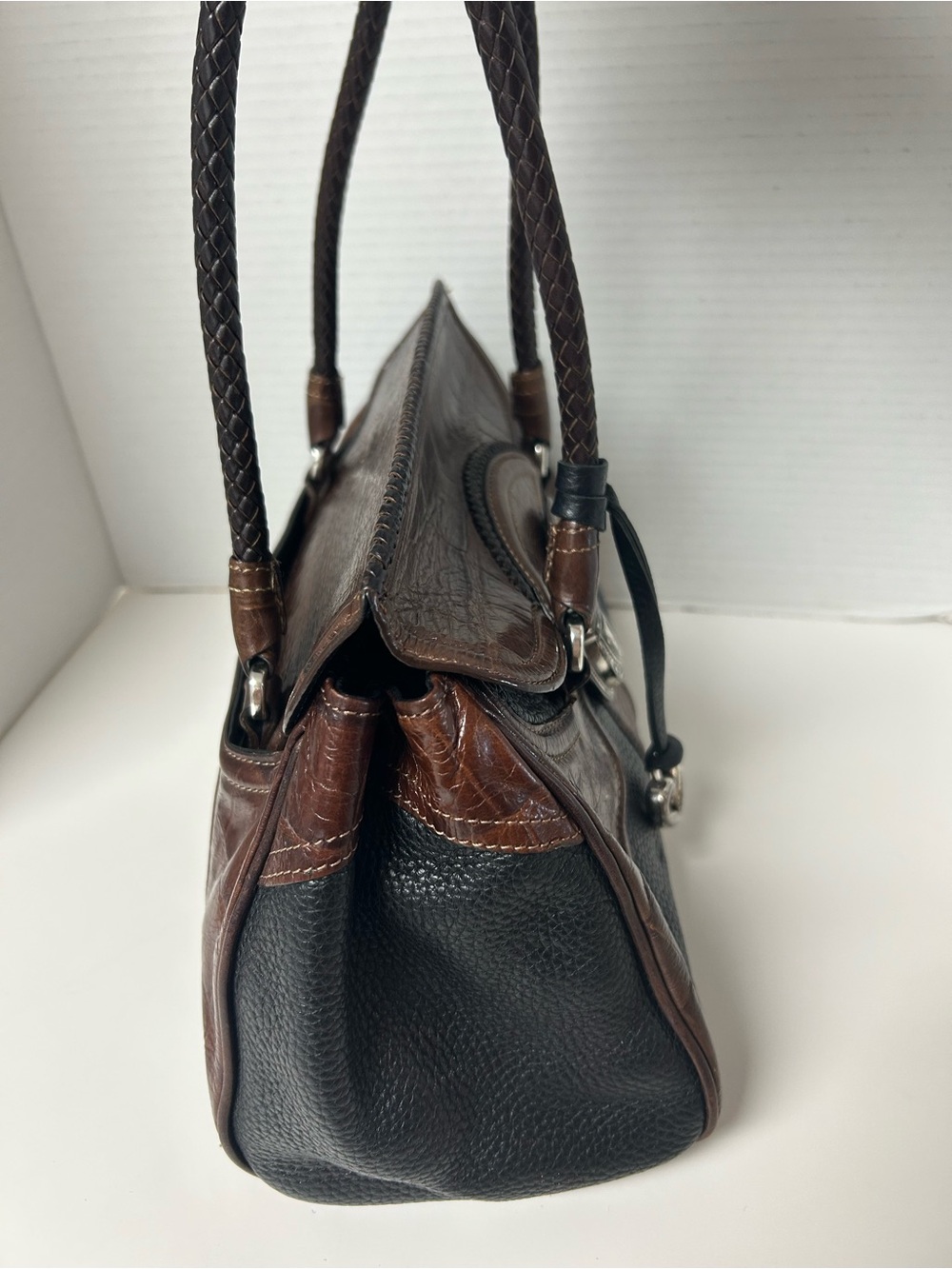 Vintage Brighton Brown & Black Croc-Embossed Leather Western Shoulder Bag - Picture 3 of 9